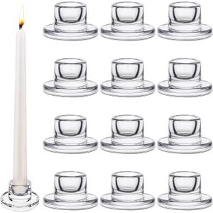 12 PCS Glass Taper Candle Holders Bulk Candlestick Holders Clear Short Tapered Candle Stick Holder Decor Set for Table Centerpiece Wedding Party Advent Christmas Home Decorations (12, Clear)