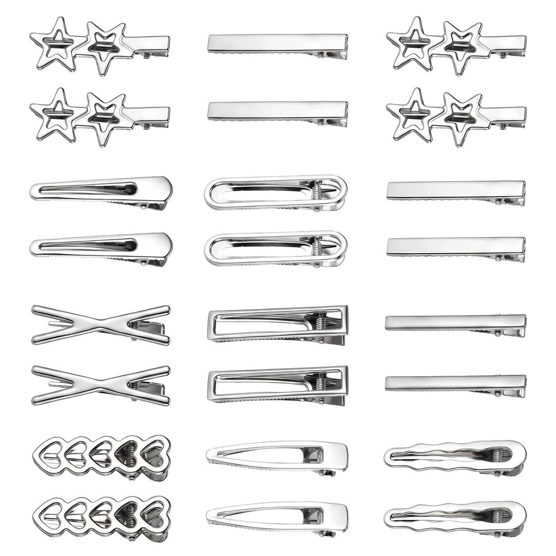 24PCS Silver Hair Clips Y2k for Women, 12 Shapes Metal Silver Hair Accessories for Girls Bangs Hairs Clip Star Hairclips Metal Barrettes Alligator Clips for Hairs Styling Star Hairpin Cool Hairpin Set