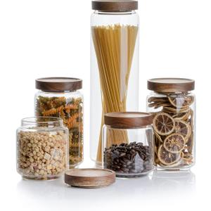 Kanwone Airtight Food Storage Containers with Bamboo lids set of 5, Stackable Food Storage Containers, Glass Canisters for Pantry, kitchen, Flour, Sugar, Tea, Coffee, Pasta, Cookies, Rice and Spice
