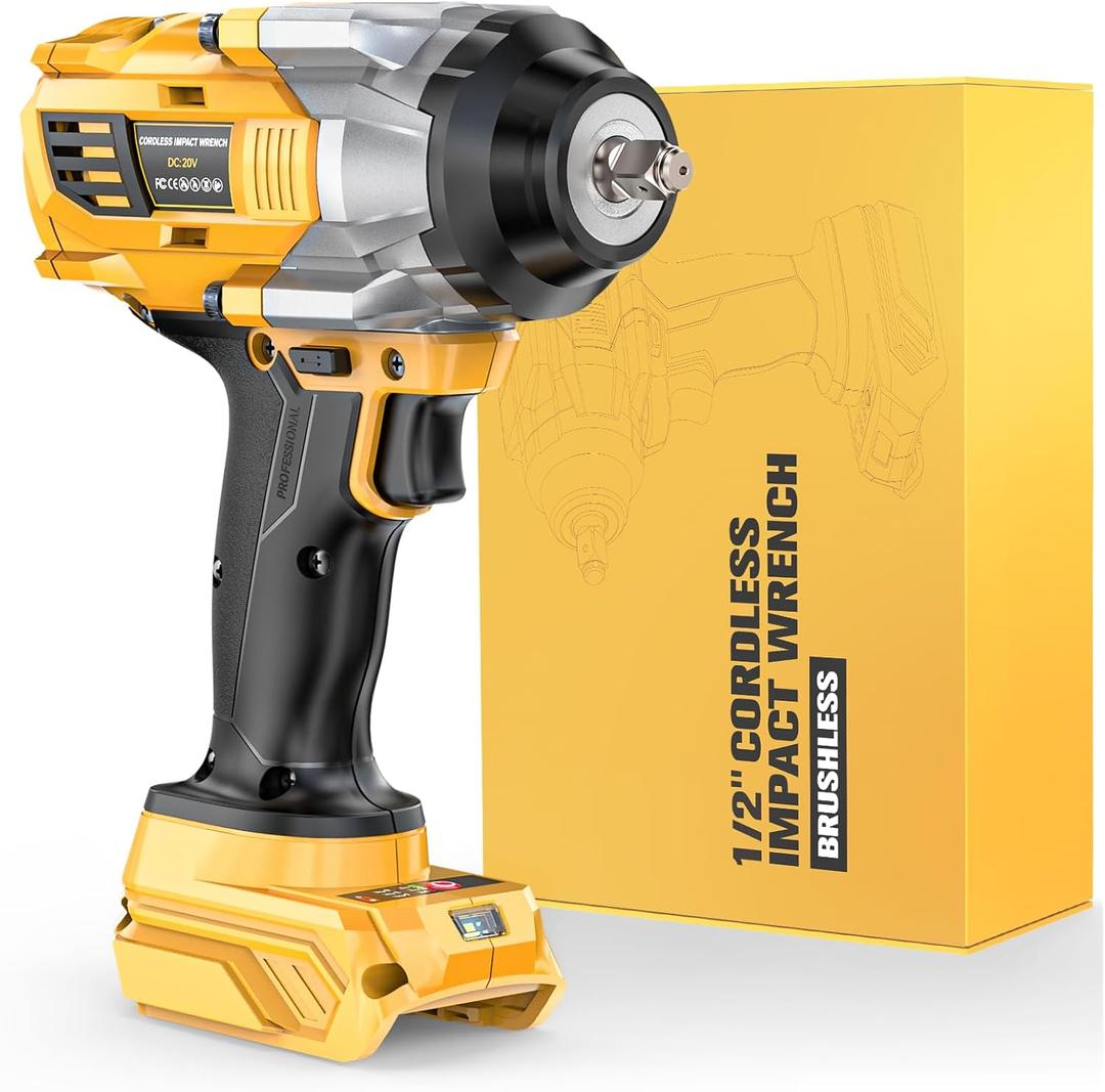 NATBEESY Cordless Impact Wrench Compatible with DeWalt 20V Battery: 1/2 Inch Hog Ring Impact Driver - High Torque - 1360N.m/1000Ft-lbs Cordless Impact Gun - Brushless Motor with LED Light - Tool Only