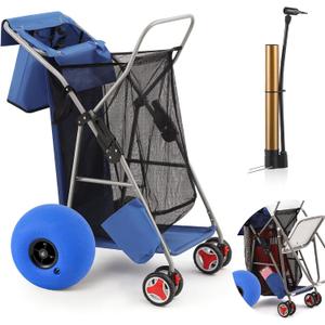 DoubleFill Beach Cart with 12 inch Balloon Wheels for Sand Foldable Beach Buggy Wide Wheel Storage Wagon Rust Free Aluminum Frame with Body Board Holder Removable Tote for Most Terrain(Blue,Classic)