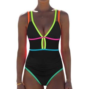 popvil Women One Piece Swimsuit 2025 Tummy Control Sexy Cutout Neon Color Block Bathing Suit Deep V Neck Adjustable Swimwear, Large