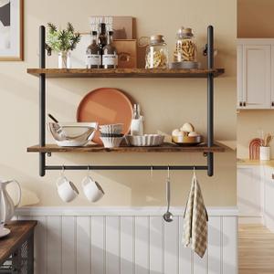 Bestier Pipe Shelf Industrial Floating Shelving 31" Kitchen Wall-Mounted Shelf with Towel Bar Hooks Coffee Bar Shelves Hanging Display Rack Bookshelf Living Room Decor Bathroom-Rustic Brown (31.5 Inch)
