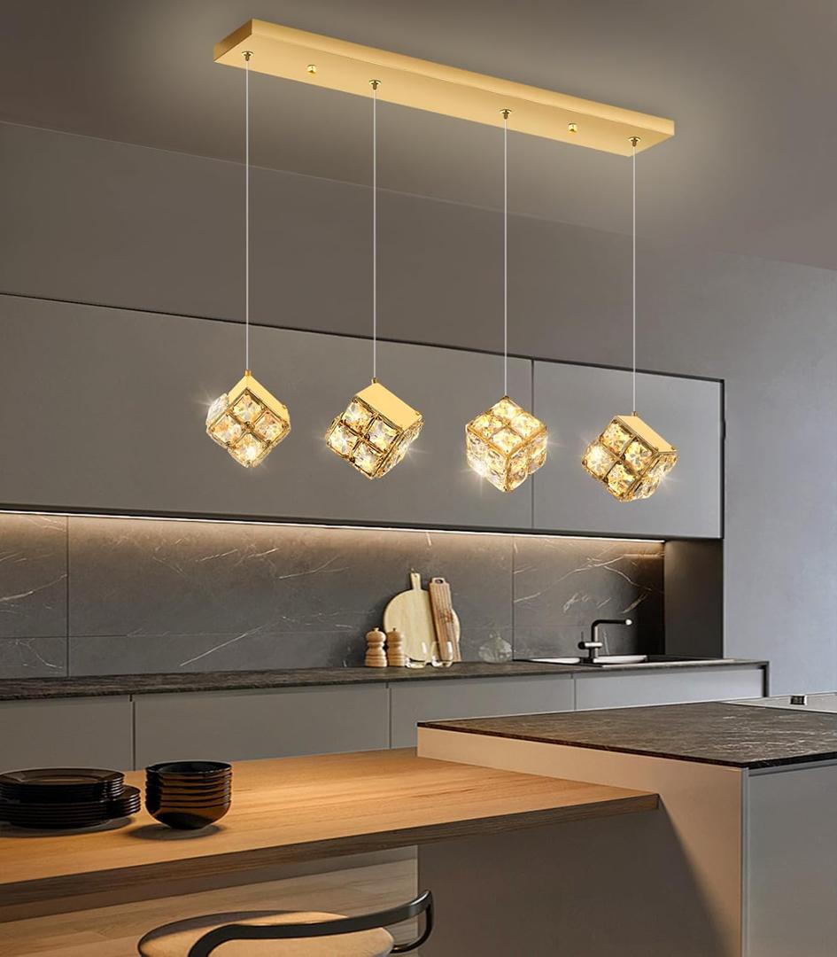 4 Lights Modern Rectangular Crystal Pendant Lights for Dining Room LED Dimmable Pendant Lighting Chandelier for Kitchen Island Foyer Hallway Stairwell Gold