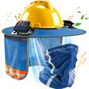 Hard Hat Sun Shade, Hard Hat Visor Full Brim with Solar Fan, High Visibility Mesh Hardhat Sun Shield with Neck Gaiter, Reflective Strip for Construction Workers Outdoor Summer Protection (Blue)