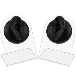 2 Pcs Flexible Silicone Ear Model Reused Soft Mold for Earrings Jewelry Display Rubber Ear for Piercing Practice with Acrylic Stand (Black, Classic Ear Style)
