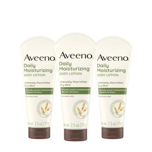 Aveeno Daily Moisturizing Body Lotion, Gentle Lotion Nourishes Dry Skin with Moisture, Soothing Prebiotic Oat, Fragrance-Free, Non-Comedogenic, Travel-Size, 2.5 fl. oz, 3 Pack