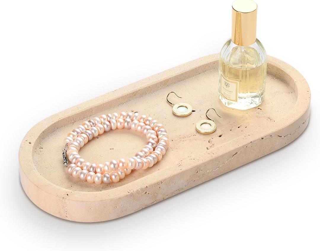 Bathroom Vanity Tray, Natural Marble Oval Tray 10 inch, Beige Travertine Vanity Tray for Soap Dispenser Modern Countertop Organizer for Kitchen Countertops, Home Decor