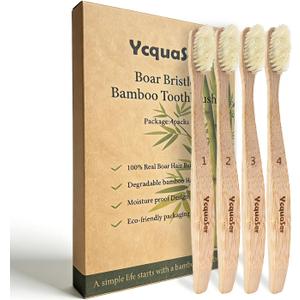 Premium Boar Bristle Bamboo Toothbrush (4 Pack) | 100% Plastic & Nylon Free | Gentle Deep Clean | Compostable Eco Friendly Zero Waste