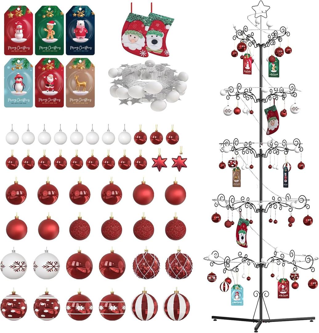 Riciakik 75 Metal Christmas Tree, Christmas Ornament Display Stand Tree with Hooks, Freestanding Wrought Iron Christmas Tree with 100 LED Lights, 54 Balls, 2 Mini Stockings & 6 Xmas Cards
