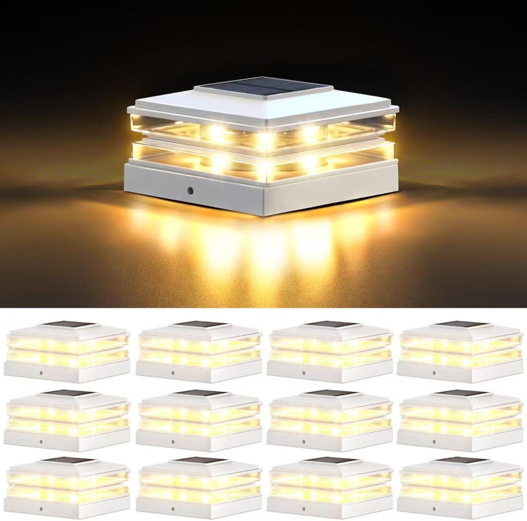 EXCMARK 4x4 Solar Post Cap Lights Outdoor Waterproof 12 Pack Fence Deck Post Lights with HighBrightness LEDs, Dual Light Modes Warm & Cool White. (Classic White, 12)