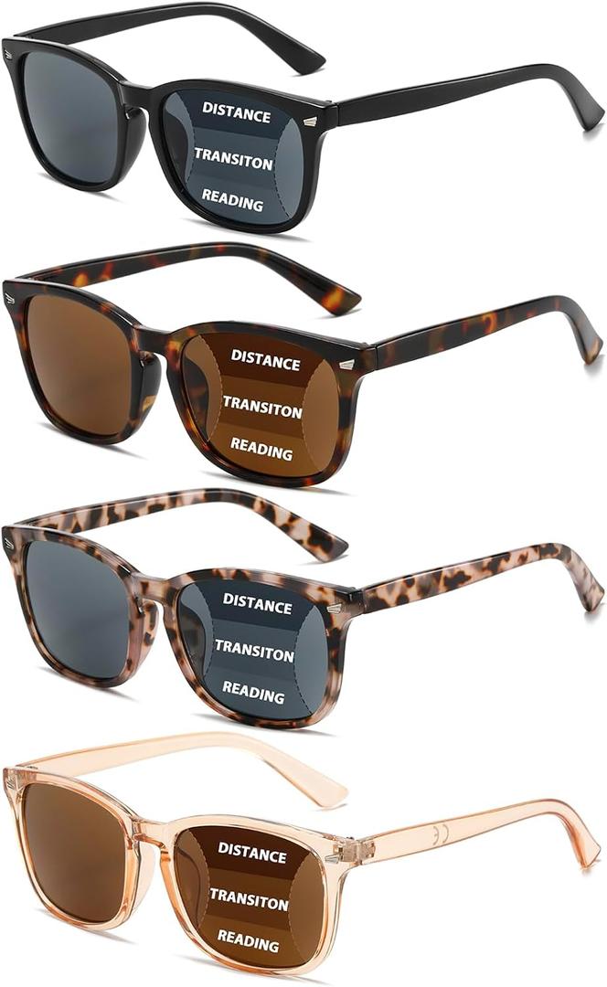 4 Pack Progressive Reading Sunglasses for Women Men, No Line Square Multifocal Sun Readers UV400 Protection