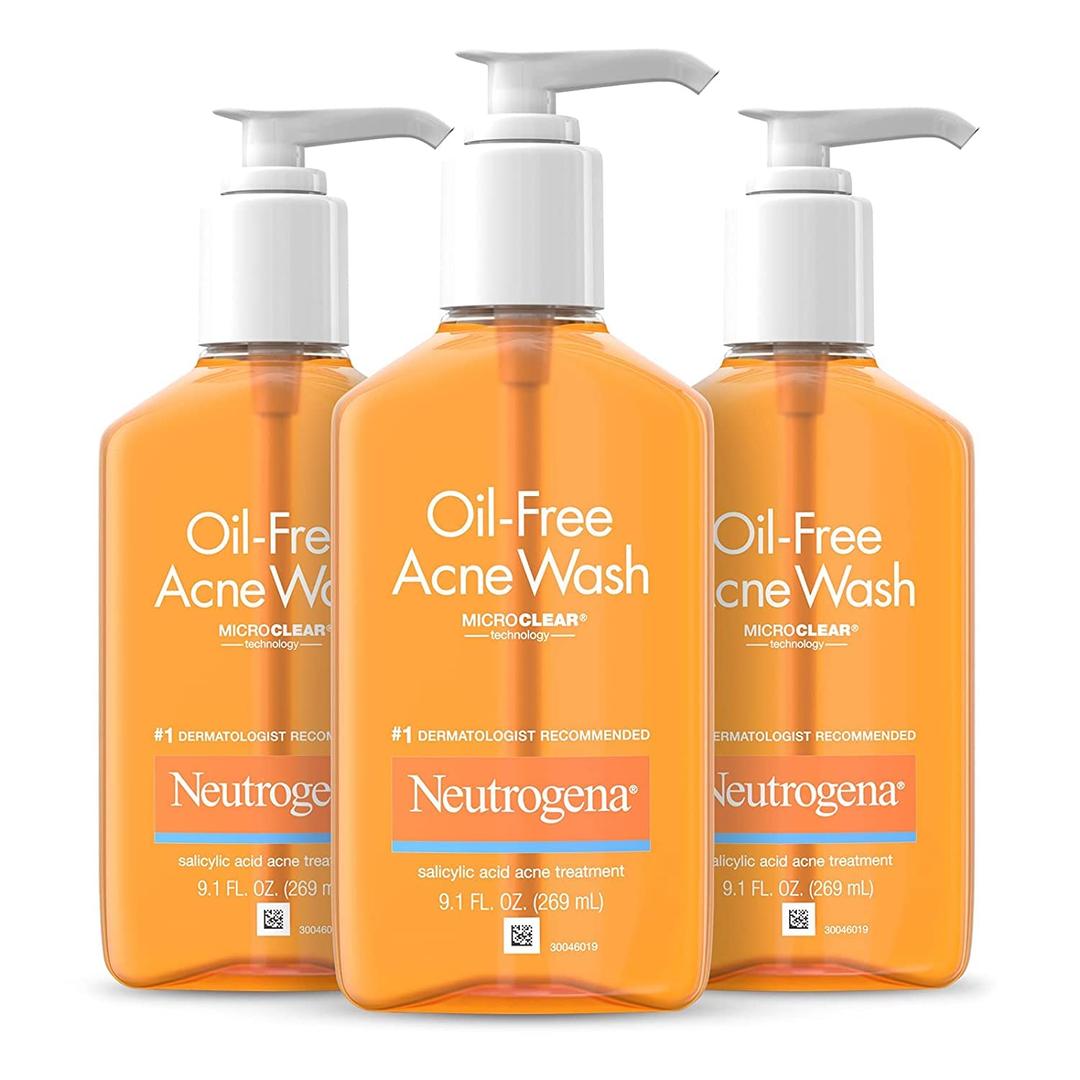 Neutrogena OilFree Acne Wash, Acne Fighting Facial Cleanser with Salicylic Acid Medicine, Acne Treatment for Face, NonComedogenic, ResidueFree, 9.1 fl oz Pump Bottles, 3 Pack