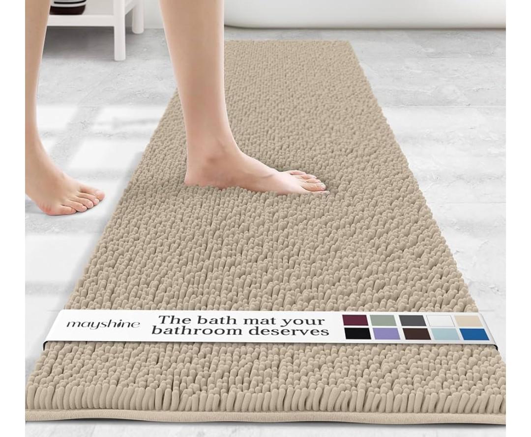MAYSHINE Plush Shaggy Chenille Bath Mat | Extra Soft, Super Absorbent, Non-Slip Bathroom Rug | Fluffy Microfiber, Area Rug Sets for Bathroom Floor, Kitchen, Living Room | 71"x31" | Beige