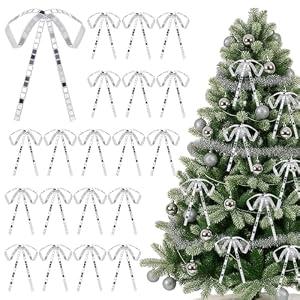 Suncalla 24 Pcs 5" Disco Christmas Tree Bows Decorations Silver Bulk, Mirror Sequin Glitter Ribbon Bow Ornaments for Disco Ball Theme Tree Holiday Xmas Holiday Wreath Fireplace Garland Party Home