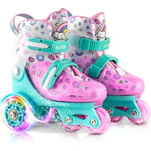 SULIFEEL Adjustable Roller Skates for Girls Boys Kids,Fun Illuminating Light Up Flash Wheels Three-Point Type Balance Suitable for Beginners Indoor Roller Skating (XS-Small(8C-11C US), Green & Pink)