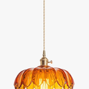 Vintage Crystal Glass Pendant Light, Flower Light Shade, Brass E27 Socket, Height Adjustable Ceiling Hanging Light Fixture for Kitchen Island and Dining Room (Amber) [Energy Class E]