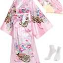 Japanese Anime Women's Kimono Robe Geisha Yukata Sweet Dress Blossom Satin Bathrobe Sleepwear Fans Tabi Socks Set (S, Pink)