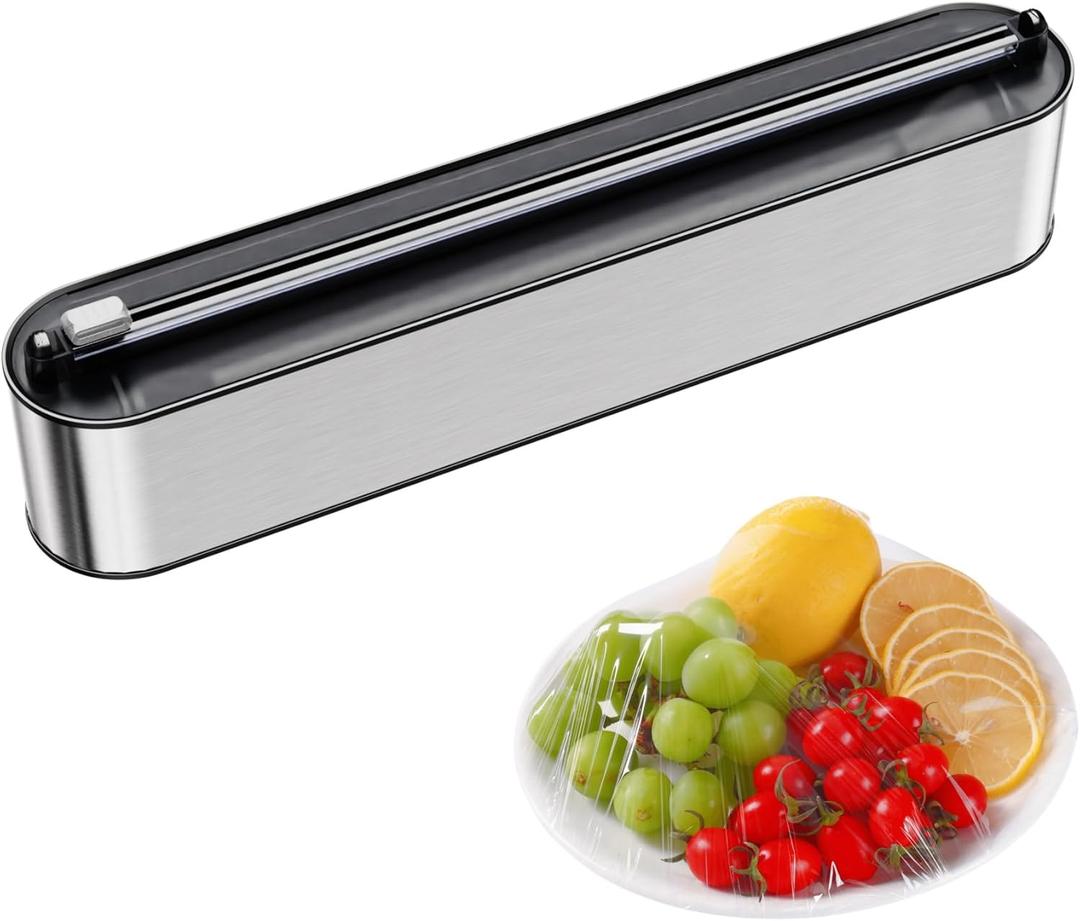 Aluminum Foil & Plastic Wrap Dispenser with Cutter - Magnetic & No-Drill Wall Mount, Stainless Steel Design, Space-Saving Kitchen organizer for Countertops & Cabinets - Fits 12" Rolls, Silver