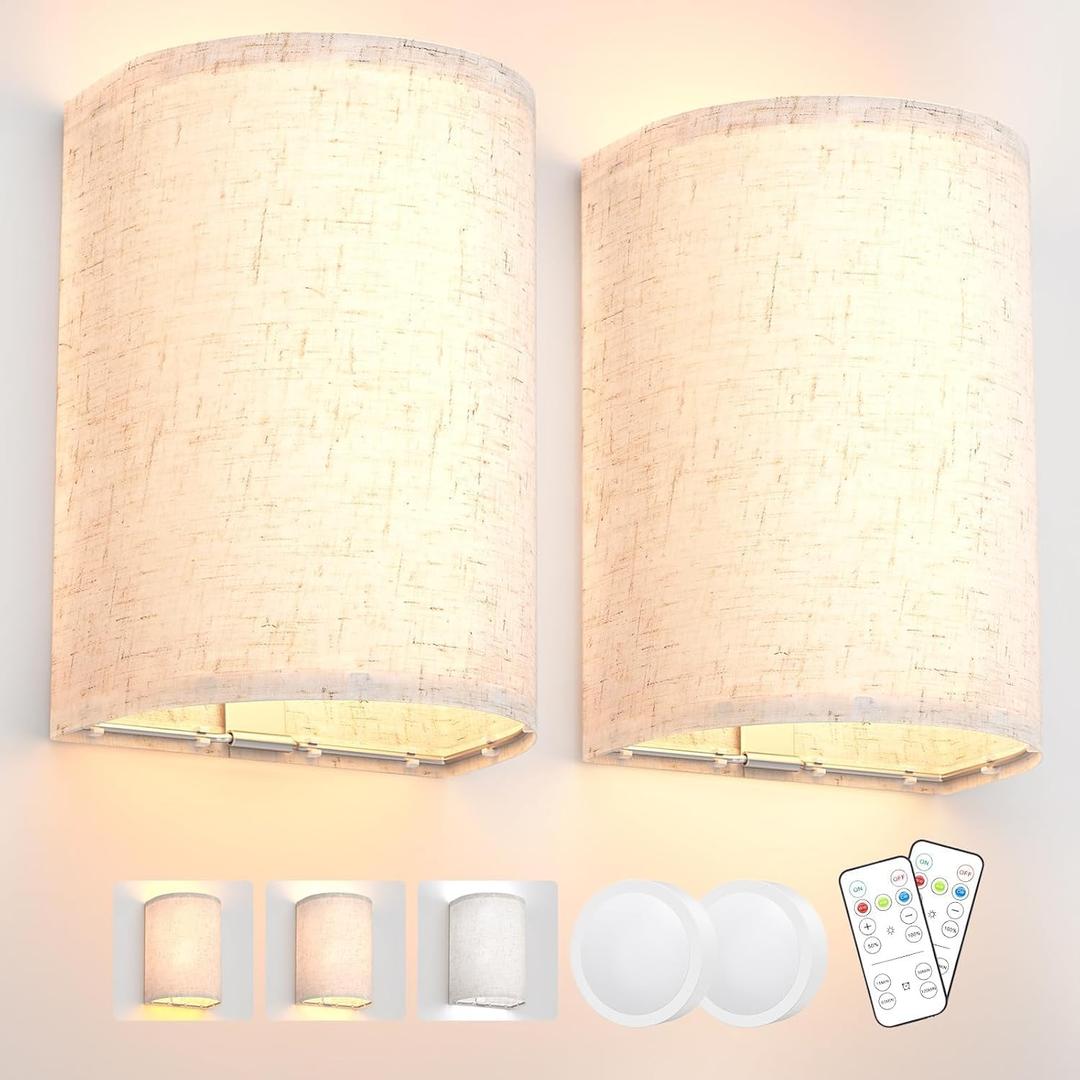 Battery Operated Wall Sconces Set of Two, Wall Lamp with Remote, 3 Colors Dimmable Fabric Wireless Sconces Wall Decor Set of 2 with Timer for Bedroom Living Room