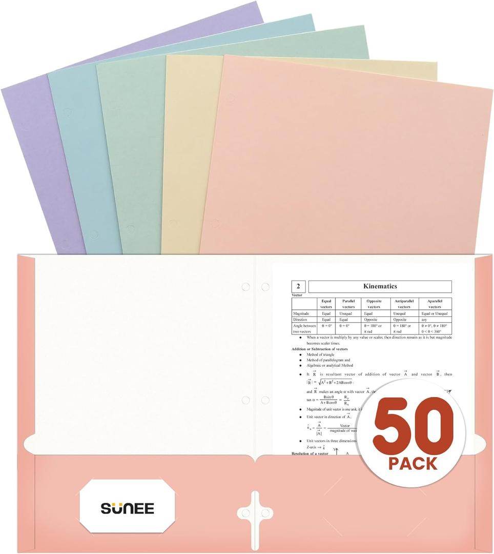 SUNEE Folders with Pockets 3 Hole Punched (50 Pack, Pastel Colors), 2 Pocket Folders Fit Letter Size Paper, Paper File Folder for School Office Home Business