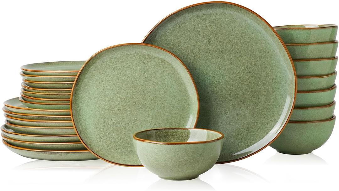 Stoneware Dinnerware Sets for 8, Reactive Glaze Plates and Bowls, Green