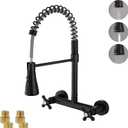 Wall Mount Sink Kitchen Faucets, Matte Black Wall Mounted Faucet 8 Inches Center Kitchen Sink Faucet with 3 Functions Sprayer, Matte Black 