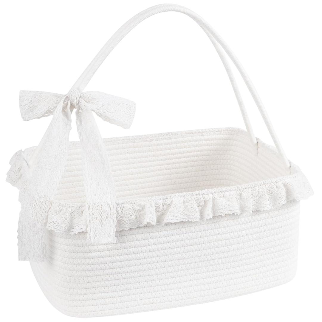 OIAHOMY Gift Basket with Long Handles, Large Woven Baskets for Gifts with Gift Bag, Ribbons and Lace, Cotton Rope Storage Basket for Birthdays, Baby Showers, Picnic, Wedding DIY Presents 19L - White