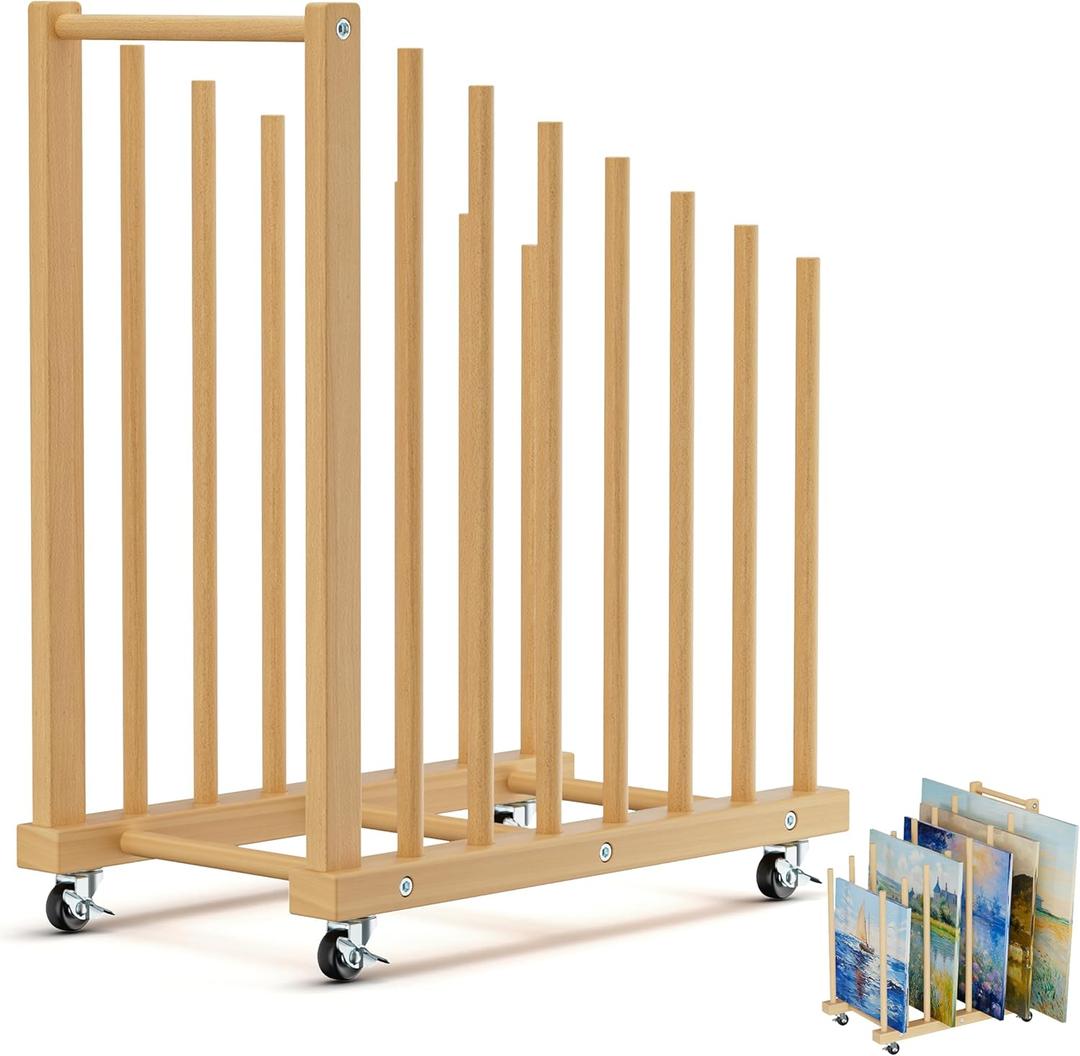 Art Storage Rack with Handle, Art Drying Painting Rack with Caster Wheels, Beech Wooden Art Canvas Storage for Canvas Boards, Panel, Frame for Art Studios, Artworks, Gallery