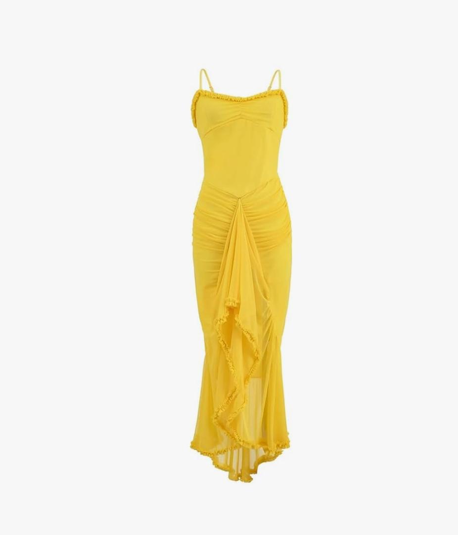 Women Sexy V Neck Mesh Ruched Slim Waist Package HIPS Ruffles Sling Dress, S