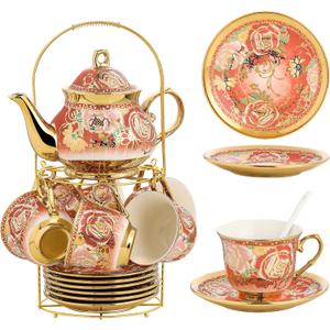 20 Pieces Porcelain Tea Set With Metal Holder, European Ceramic tea set for adults,Flower Tea Set,Tea Set For Women With Flower Painting (Large version, Capsicum Red)
