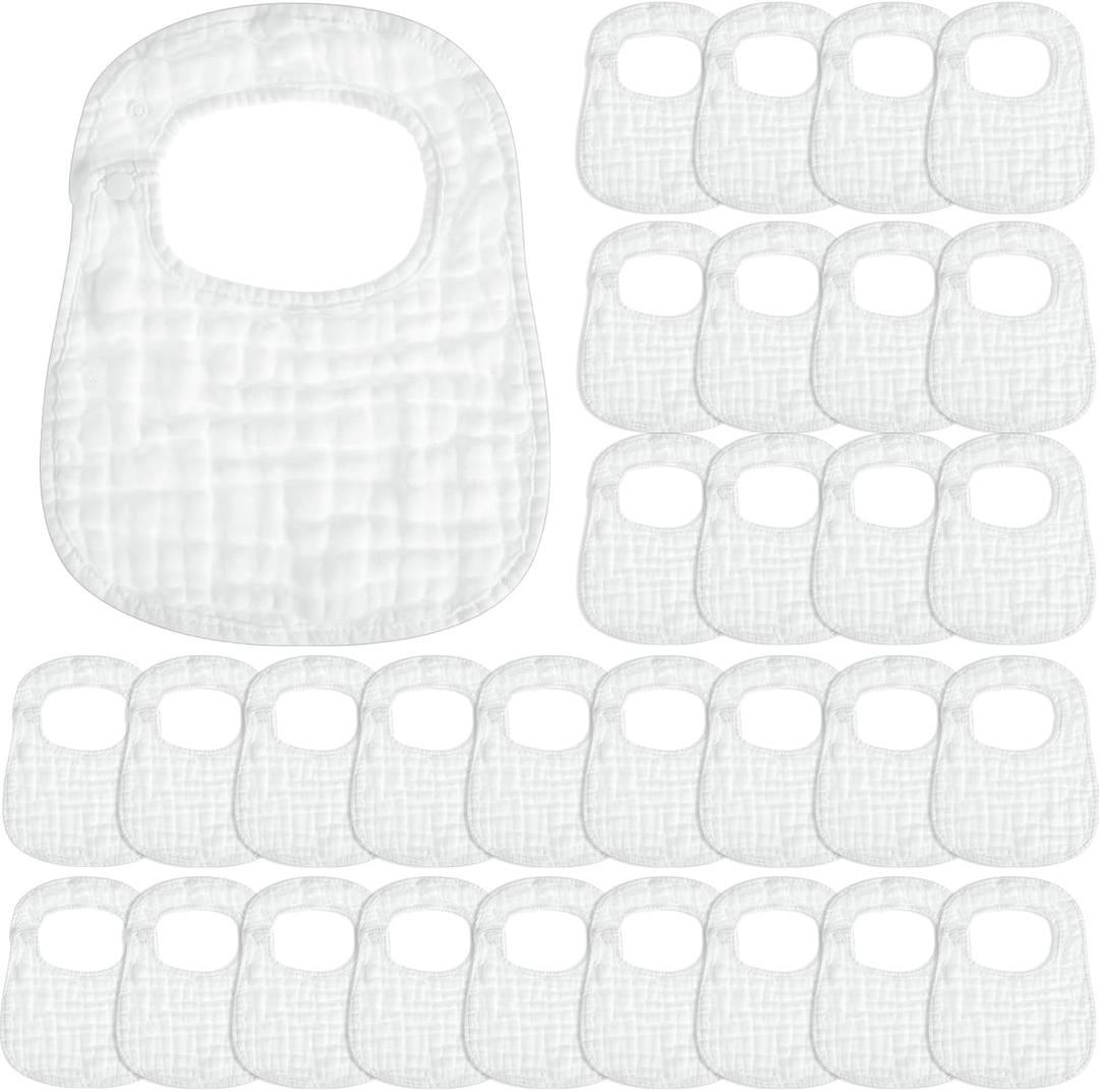 Reginary 30 Pack White Muslin Bibs Bulk for Boy Girl Muslin Baby Bibs Adjustable 6 Layers Cotton Bandana Soft Absorbent Washable Snap for Baby Decorating Newborn Infant Drooling Eating Feeding Gifts