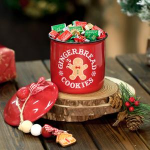 Nefelibata Christmas Candy Bowl Ceramic Canister Tiered Tray Decor Xmas Candy cane Holder with Buffalo Plaid Bowknot Candy Slice Wood Beads Home Table Centerpiece Decoration Supplies Gift Idea