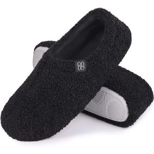 HomeTop Women's Fuzzy Curly Fur Memory Foam Loafer Slippers with Polar Fleece Lining (7-8, Black)