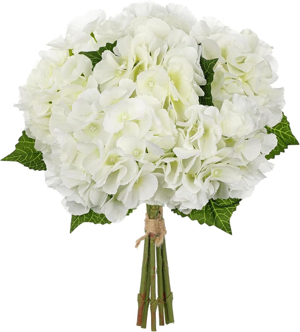 Hollyone White Hydrangea Artificial Flowers 6pcs Large Real Touch Faux Hydrangeas Silk Flowers Bouquets Fake Flower with Stems for Home Decor Indoor Wedding Kitchen Centerpiece Table Decorations