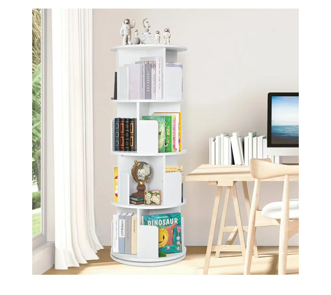 Rotating Bookshelf Tower, 360 Display Spinning Bookshelf, PVC Narrow Book Shelf Organizer, Corner Floor Standing Bookcase for Bedroom, Living Room, Study Room, Small Space (4 Tier)