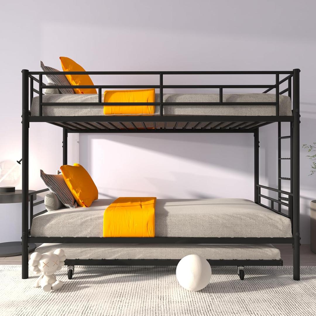 Bunk Beds with Trundle Metal Bunkbed with Sturdy Guard Rail Ladder for Kids Teenagers Grown-ups 198.4 x 105 x 155cm Black One Size