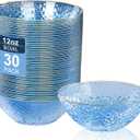 I00000 30 Pack 12 Ounce Blue Plastic Bowls Hammered Clear Bowl with Gold Rimmed, Heavy Duty Disposable Bowl Set,Elegant Small Bowls for Party, Weddings, Catering