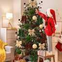 Wettarn 53 Pcs Christmas Velvet Ornaments Kit Include 15 3.15" Velvet Balls, 30 Bows (Wide & Narrow), 1 Wide & 1 Narrow Ribbon (5 yds Each), 6 Flocked Ball Picks for Xmas Decor(Brown, Green, Beige)