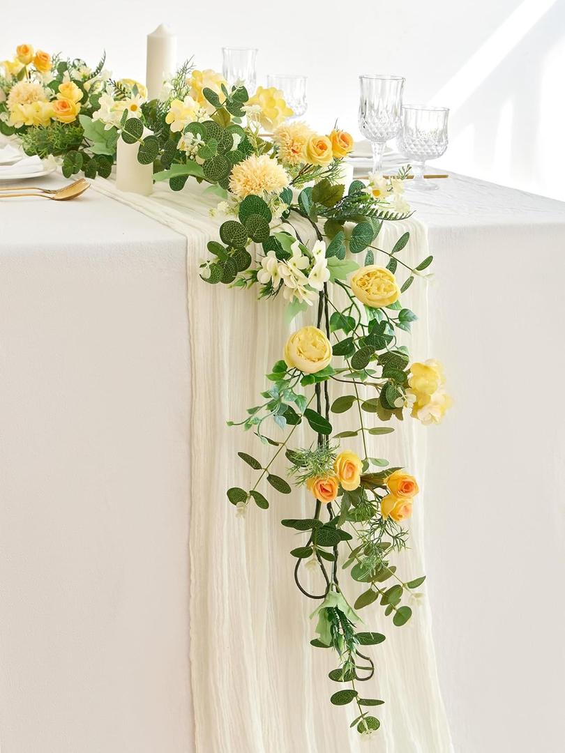 MISSPIN 5.9Ft Eucalyptus Garland with Flowers, Artificial Fake Flower Greenery Spring Garland for Baby Shower Wedding Mantle Table Centerpiece Spring Decor (Yellow)