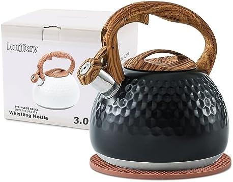 GGC Tea Kettle for Stove Top, Loud Whistling Kettle for Boiling Water Coffee or Milk, 3.1 Quart 3L Heavy Stainless Steel Black Kettle with Wood Pattern Handle, Unique Button Control Kettle Outlet 