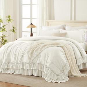 Andency Ivory Comforter Set Queen Size, Lightweight Fluffy Farmhouse Ruffle Bedding Set, Soft Polyester All Season Shabby Chic Bed Comforter Set 3 Pieces(1 Comforter 2 Pillowcases)