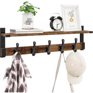 Homode Coat Rack Wall Mount, 29 Inch Long Shelf with Hooks, Wood Entryway Shelf with 5 Hangers for Hanging Hat Jacket Backpack Purse, Rustic Brown Black