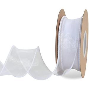 TONIFUL 1-1/2 Inch Wide White Wired Chiffon Ribbon Sheer Organza Ribbons for Crafts Floral Bouquets Wedding Car Party Decorations Valentine's Day Gift Wrapping Bow Making Tree Wreaths Decoration