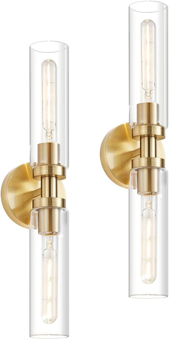 Lanhall 2 Light Bathroom Wall Sconce Set of 2,Modern Farmhouse Brushed Brass Gold Bathroom Light Fixture Over Mirror with Clear Glass Shade,Vanity Light for Hallway Cabinet Bedroom Stairway Porch