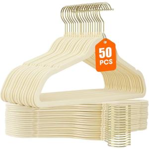 50 Pack Beige Velvet Hangers,Non Slip,Heavy-Duty,Slim,Space Saving,with Felt Surface and Gold 360Swivel Hook,for Pants,Outfit,Skirts,Suits,Coats,Dresses etc.