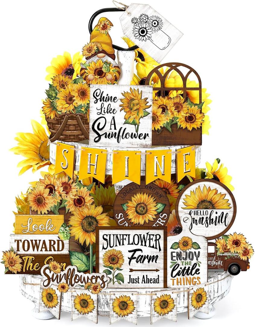 26 Pcs Sunflower Tiered Tray Decor Set Summer Rustic Gnome Wooden Decorations Farmhouse Sunflower Table Centerpiece Sign Vintage Tiered Tray Ornament for Kitchen Home Party Shelf Supplies
