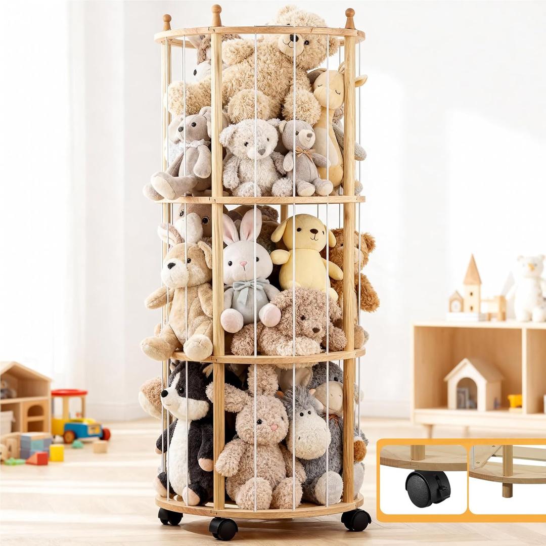 Stuffed Animal Zoo Storage Large Wooden Stuffed Animal Holder&Toy Organizer,54"Plush Storage for Kids Playroom Bedroom,with Optional Wheels or Fixed Base,Decor Display Corner Round (Super-Sized Thick)