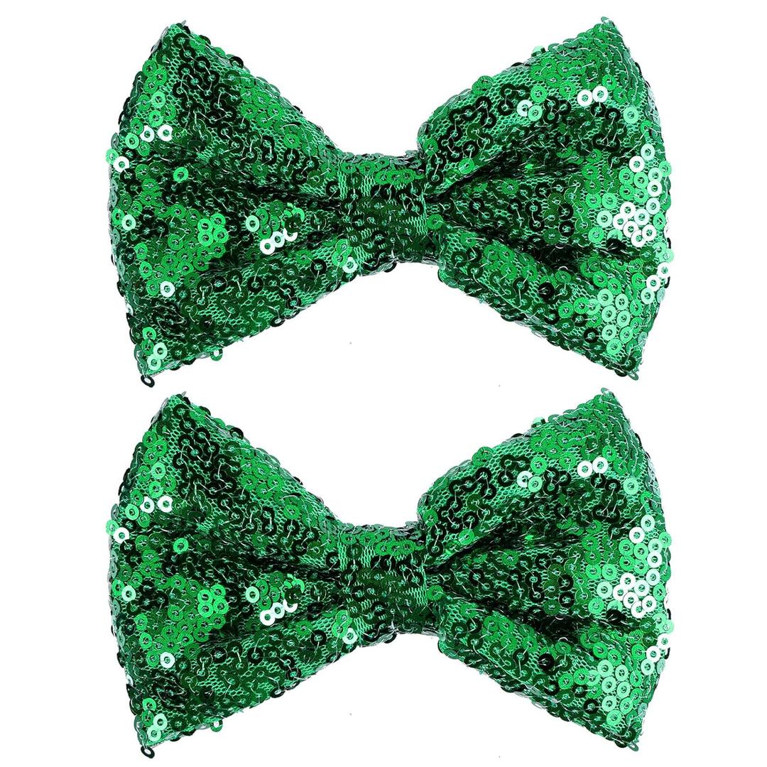 2 x 4" Glitter Sparkly Christmas Green Sequin Hair Bows Clips for Toddler Girls St Patrick's Day Easter Mardi Gras Birthday Wedding Holiday Party Dress Outfit Decor Accessory Gift