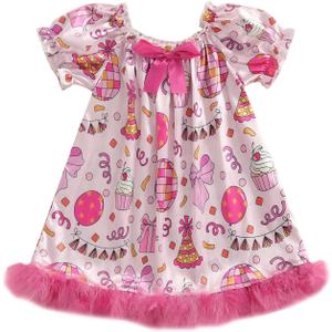 Birthday Girl Pajamas Dress Silk Stain Nightgown Feather Trim Pjs Outfits Toddler Kids Little Girl Nightdress Gift (3-4T, Pink)